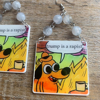Anti Trump Meme Earrings Art Deco Democrat Trump for Prison Yellow Fire Activist Statement