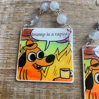 Anti Trump Meme Earrings Art Deco Democrat Trump for Prison Yellow Fire Activist Statement
