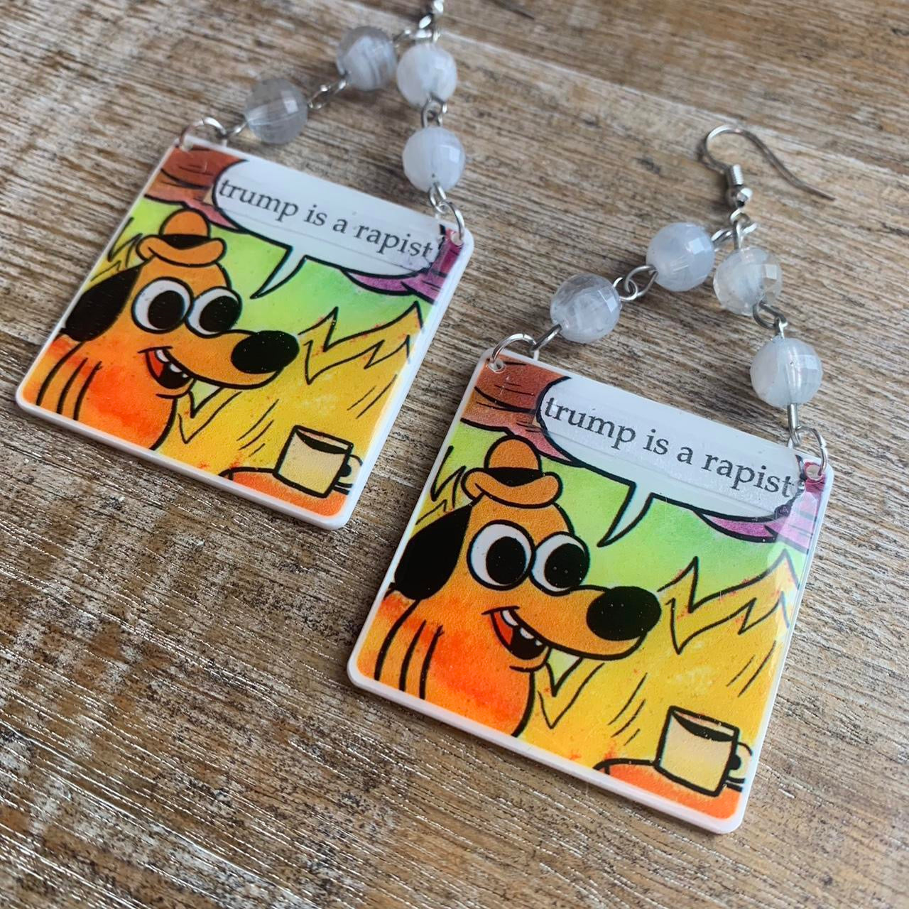 Anti Trump Meme Earrings Art Deco Democrat Trump for Prison Yellow Fire Activist Statement