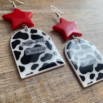 I Didn’t Vote for a Rapist Cow Star Clip On Tunnel Gauge Earrings Anti Trump Earrings
