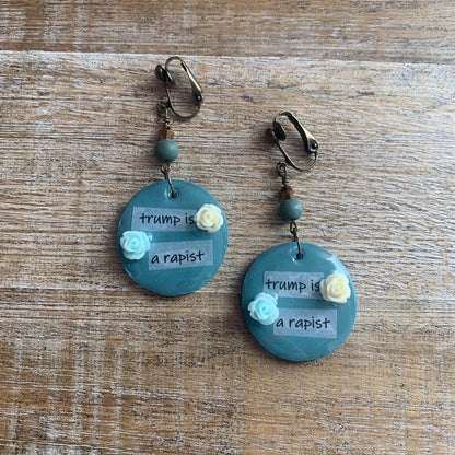 Trump is a Rapist Blue Clip On Earrings Clay Tunnel Gauge Anti Trump Earrings