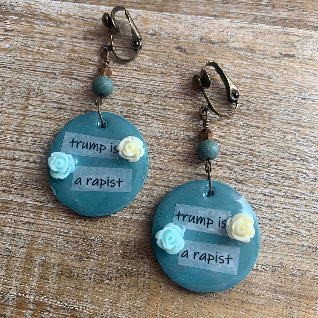 Trump is a Rapist Blue Clip On Earrings Clay Tunnel Gauge Anti Trump Earrings