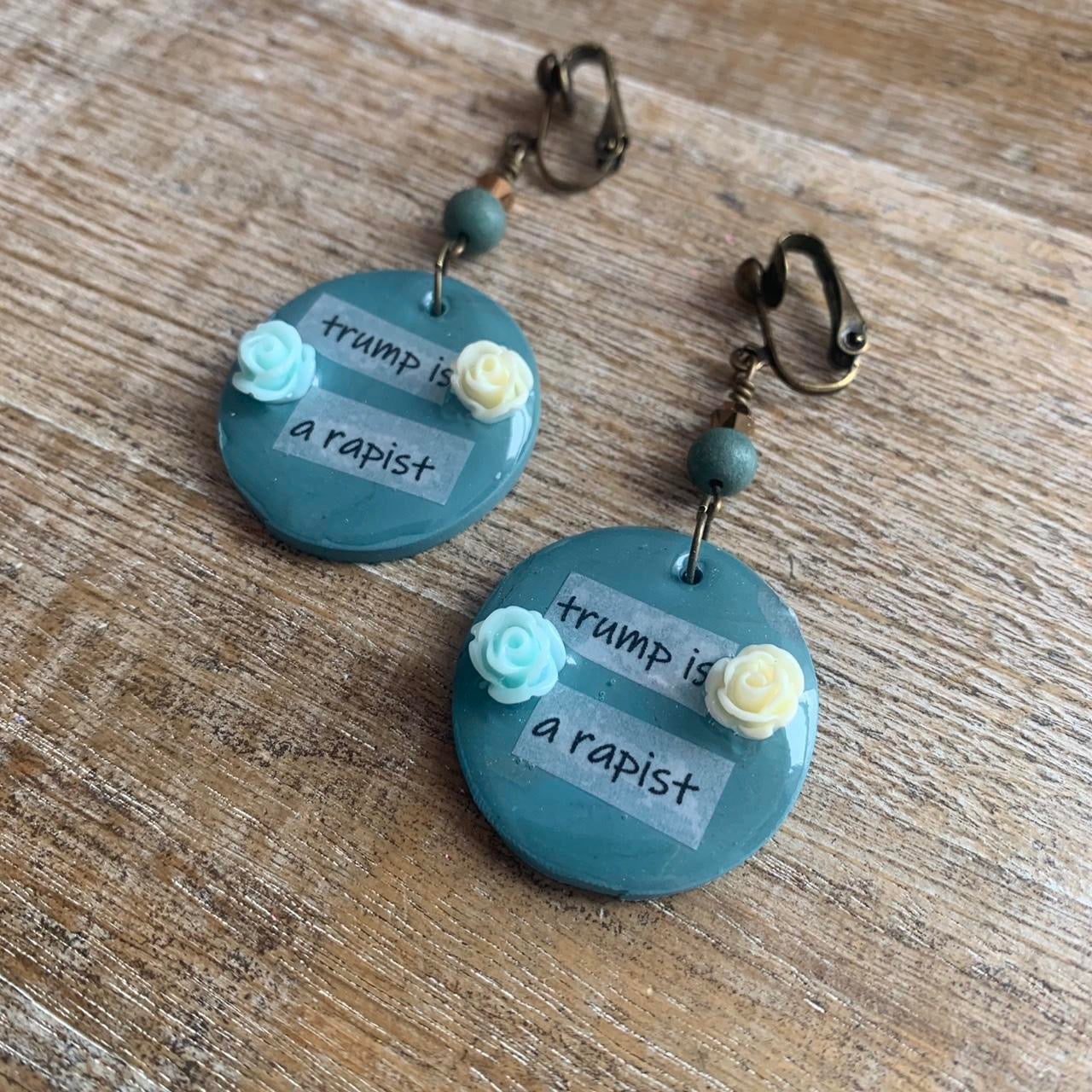 Trump is a Rapist Blue Clip On Earrings Clay Tunnel Gauge Anti Trump Earrings