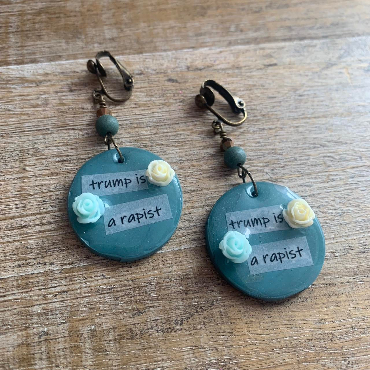 Trump is a Rapist Blue Clip On Earrings Clay Tunnel Gauge Anti Trump Earrings