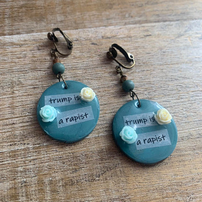 Trump is a Rapist Blue Clip On Earrings Clay Tunnel Gauge Anti Trump Earrings