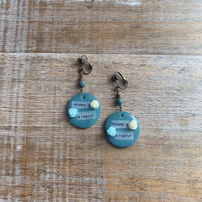 Trump is a Rapist Blue Clip On Earrings Clay Tunnel Gauge Anti Trump Earrings