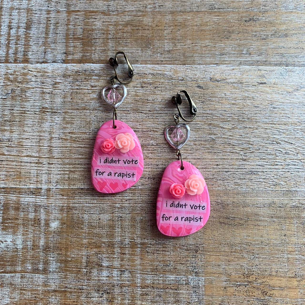 I Didn’t Vote for a Rapist Pink Clay Clip On Earrings Anti Trump Tunnel Gauge Earrings