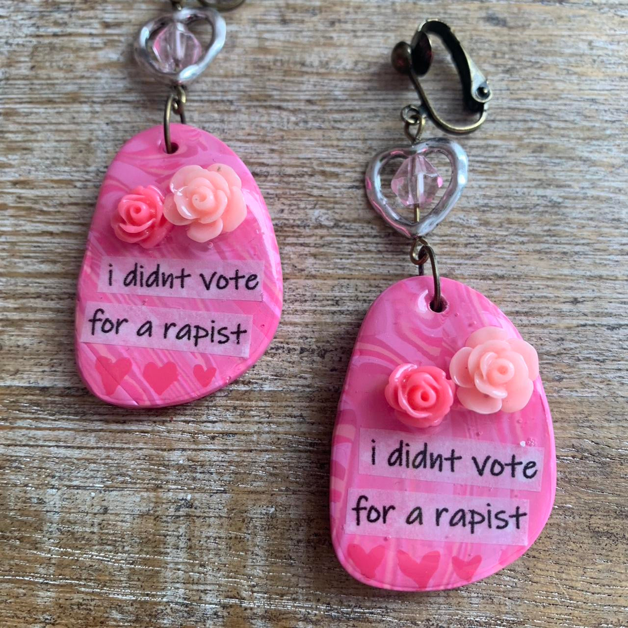 I Didn’t Vote for a Rapist Pink Clay Clip On Earrings Anti Trump Tunnel Gauge Earrings