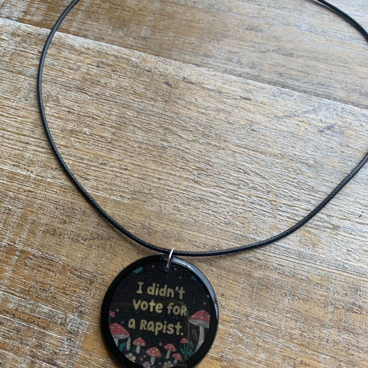 I Didn’t Vote for a Rapist Gothic Black & White Mushroom Cord Necklace