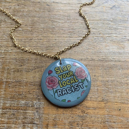 Slap Your Local Racist Blue & Pink Rose Gold Tone Chain Necklace