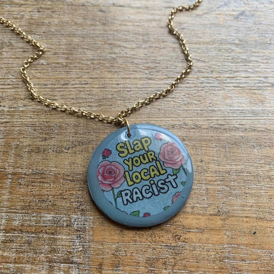 Slap Your Local Racist Blue & Pink Rose Gold Tone Chain Necklace