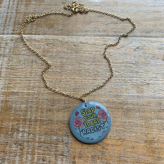 Slap Your Local Racist Blue & Pink Rose Gold Tone Chain Necklace