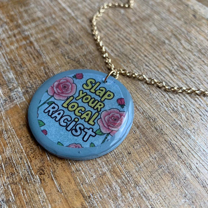 Slap Your Local Racist Blue & Pink Rose Gold Tone Chain Necklace