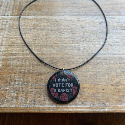 I Didn’t Vote for a Rapist Gothic Black & White Red Rose Cord Necklace