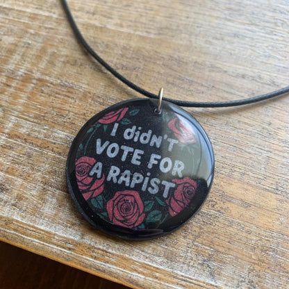 I Didn’t Vote for a Rapist Gothic Black & White Red Rose Cord Necklace