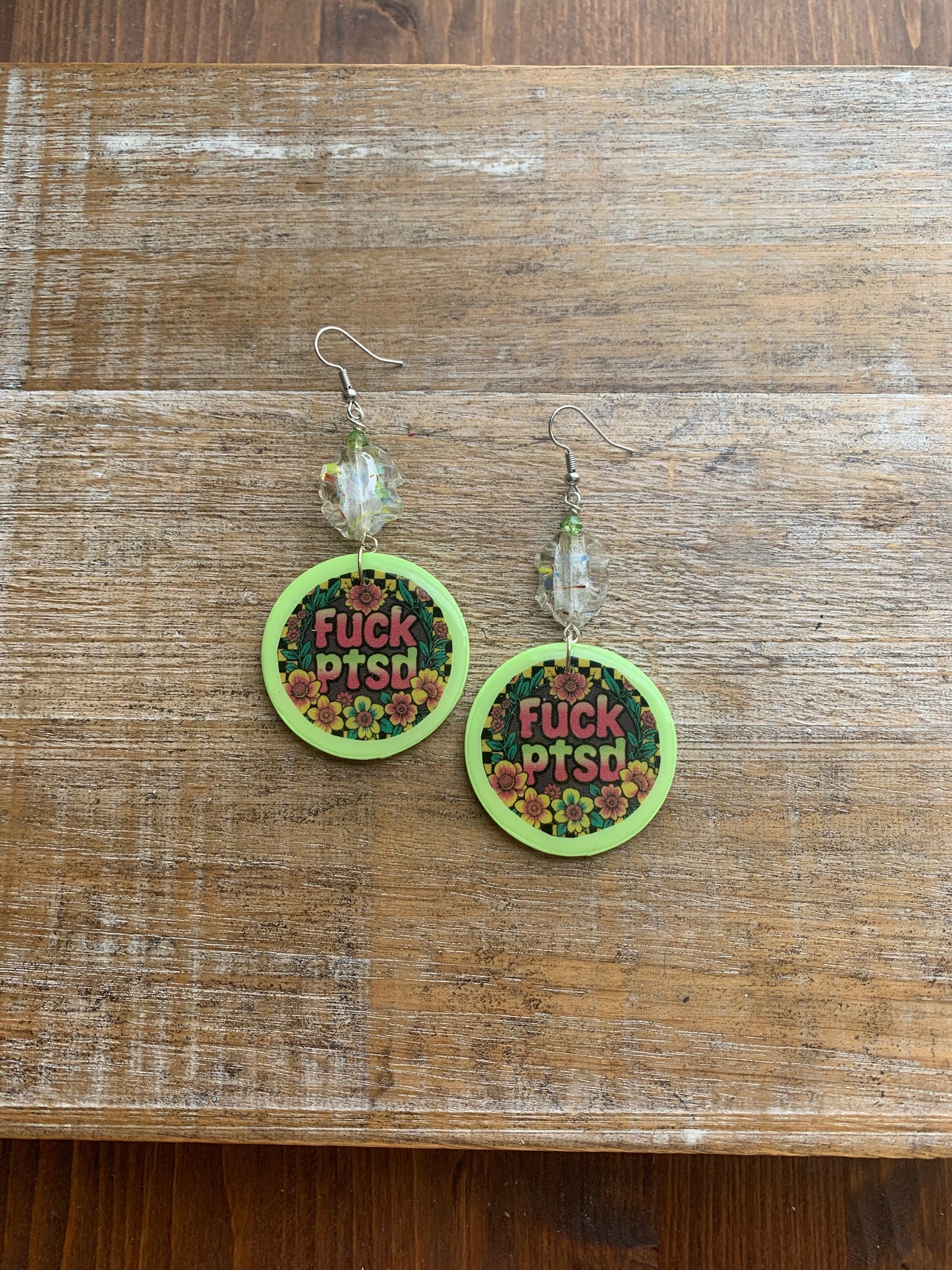 Fuck PTSD Neon Checkered Floral Clay Earrings Clip On Yellow Green Tunnel Gauge Earrings