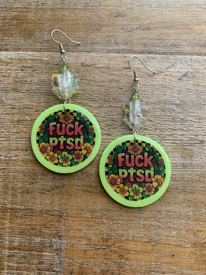 Fuck PTSD Neon Checkered Floral Clay Earrings Clip On Yellow Green Tunnel Gauge Earrings