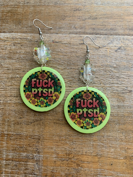 Fuck PTSD Neon Checkered Floral Clay Earrings Clip On Yellow Green Tunnel Gauge Earrings