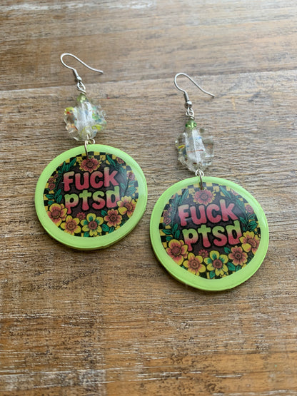 Fuck PTSD Neon Checkered Floral Clay Earrings Clip On Yellow Green Tunnel Gauge Earrings