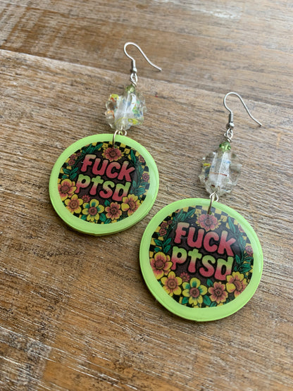 Fuck PTSD Neon Checkered Floral Clay Earrings Clip On Yellow Green Tunnel Gauge Earrings