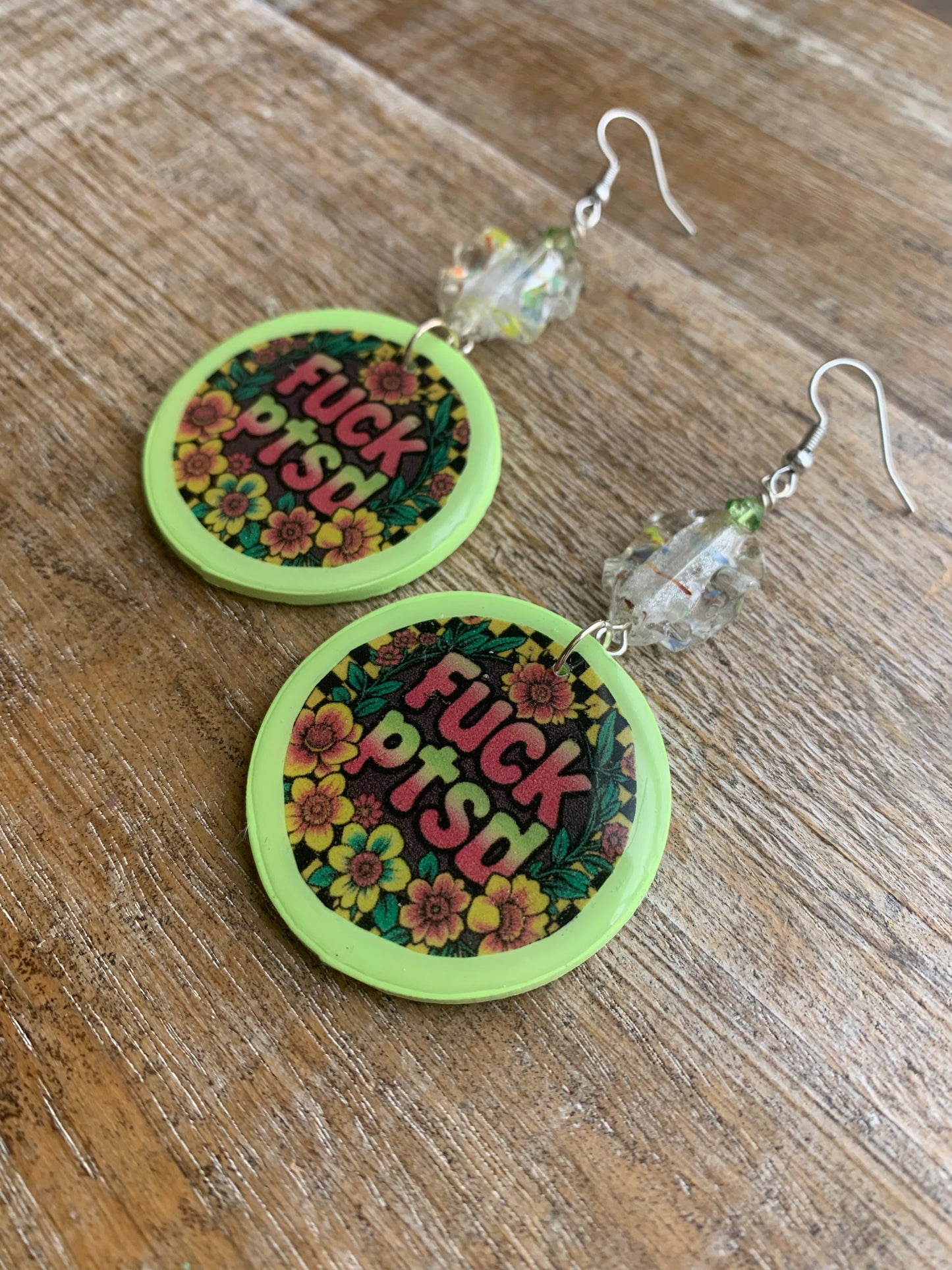Fuck PTSD Neon Checkered Floral Clay Earrings Clip On Yellow Green Tunnel Gauge Earrings