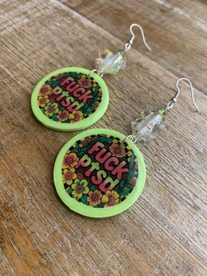 Fuck PTSD Neon Checkered Floral Clay Earrings Clip On Yellow Green Tunnel Gauge Earrings