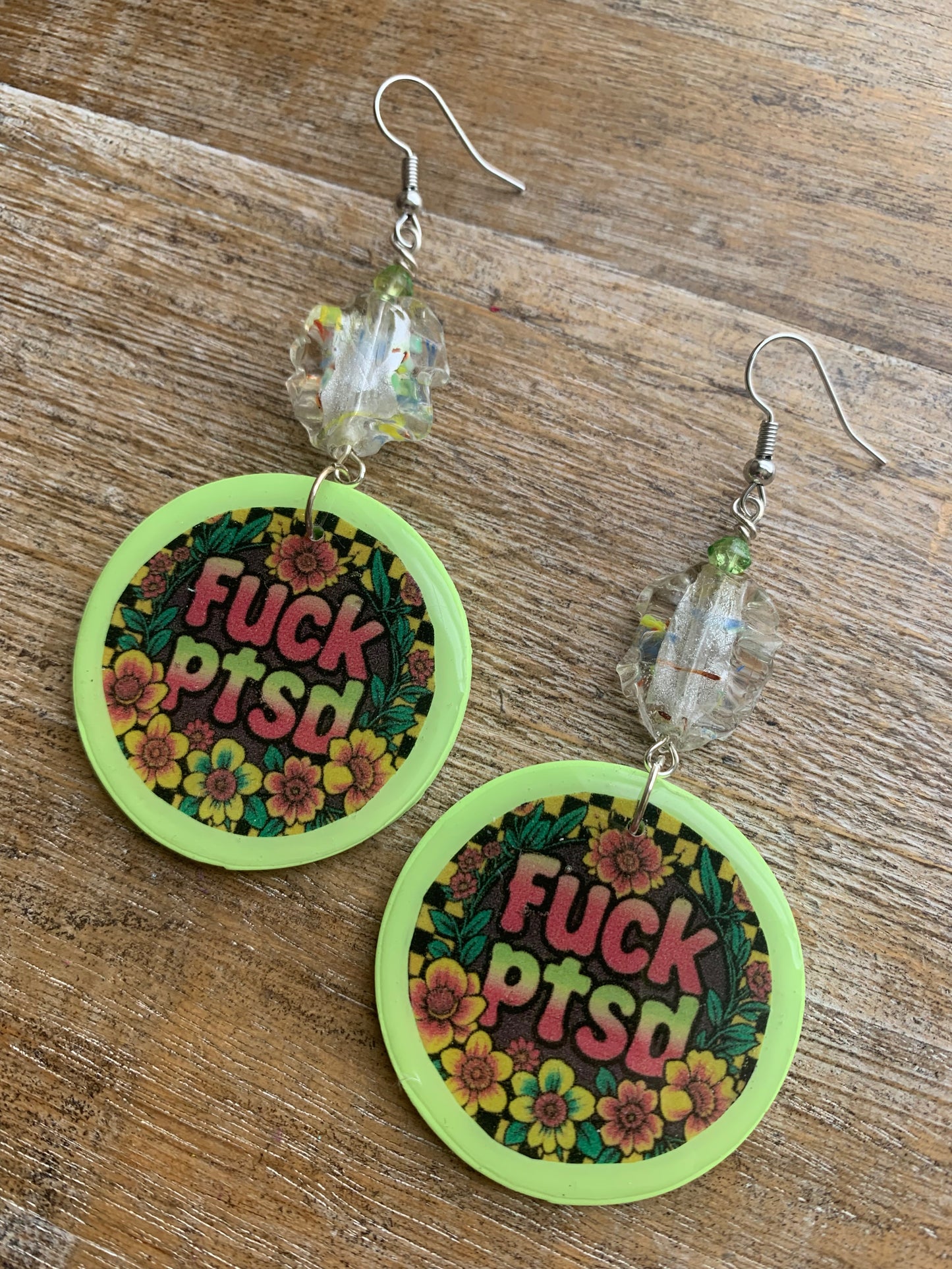 Fuck PTSD Neon Checkered Floral Clay Earrings Clip On Yellow Green Tunnel Gauge Earrings