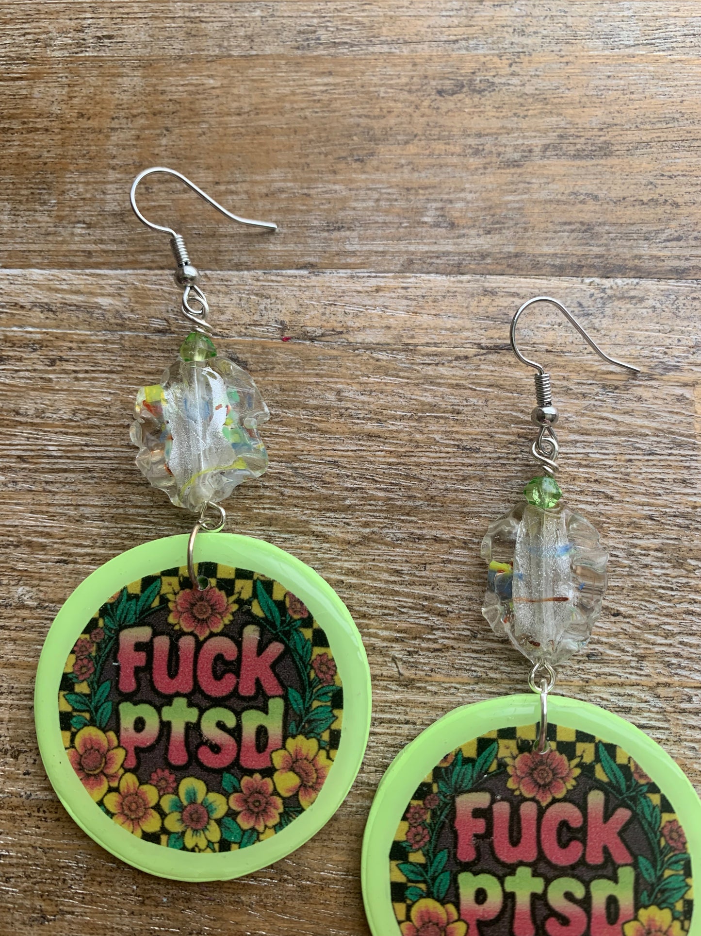 Fuck PTSD Neon Checkered Floral Clay Earrings Clip On Yellow Green Tunnel Gauge Earrings
