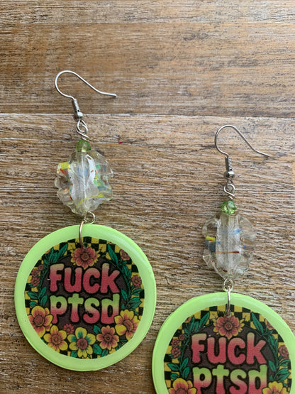 Fuck PTSD Neon Checkered Floral Clay Earrings Clip On Yellow Green Tunnel Gauge Earrings