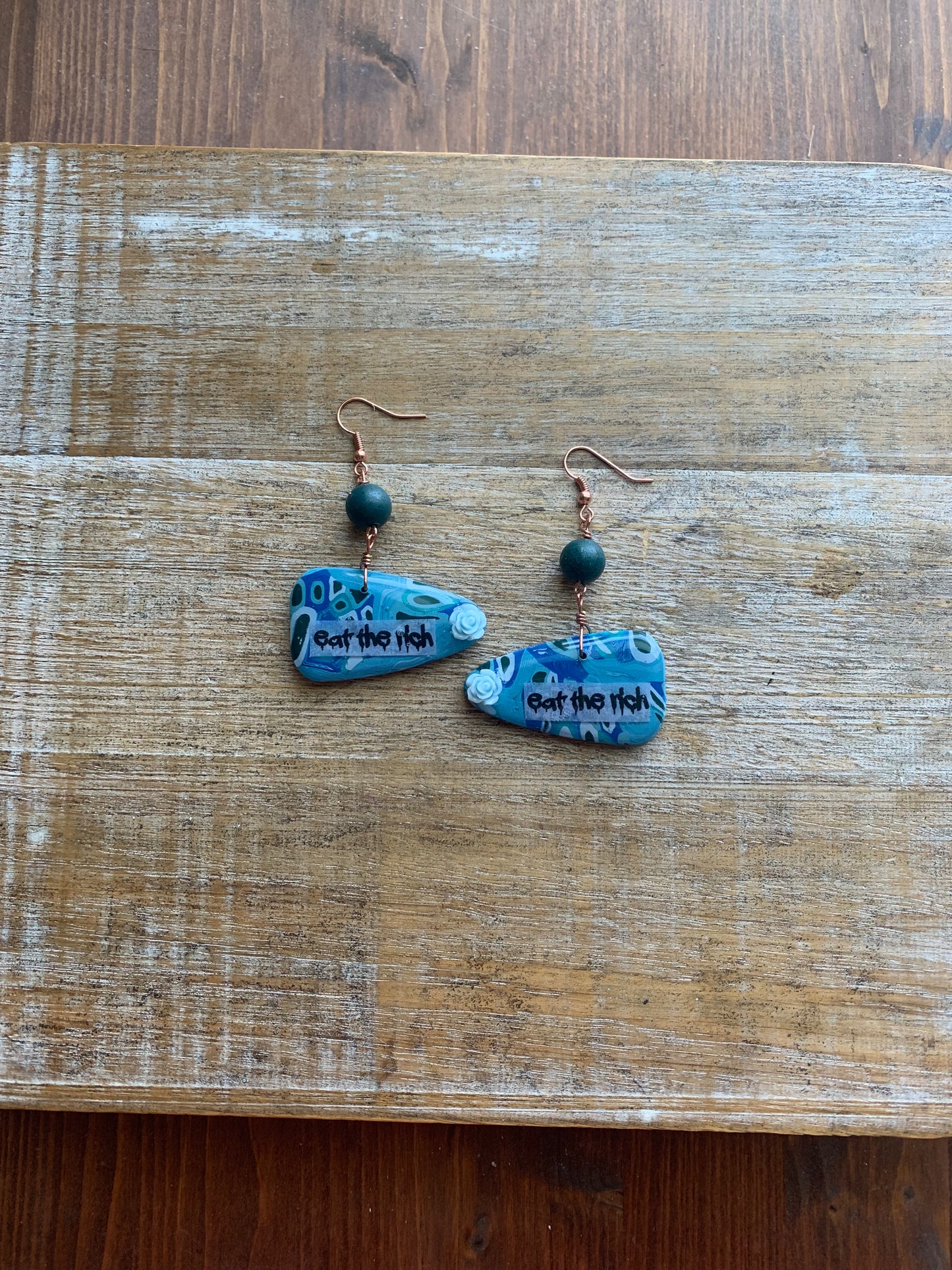 Eat The Rich Blue Rose Art Deco Polymer Clay Earrings