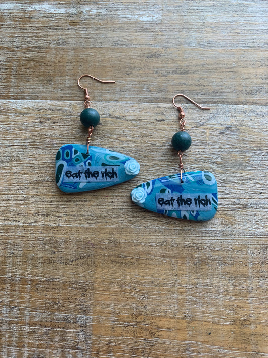 Eat The Rich Blue Rose Art Deco Polymer Clay Earrings