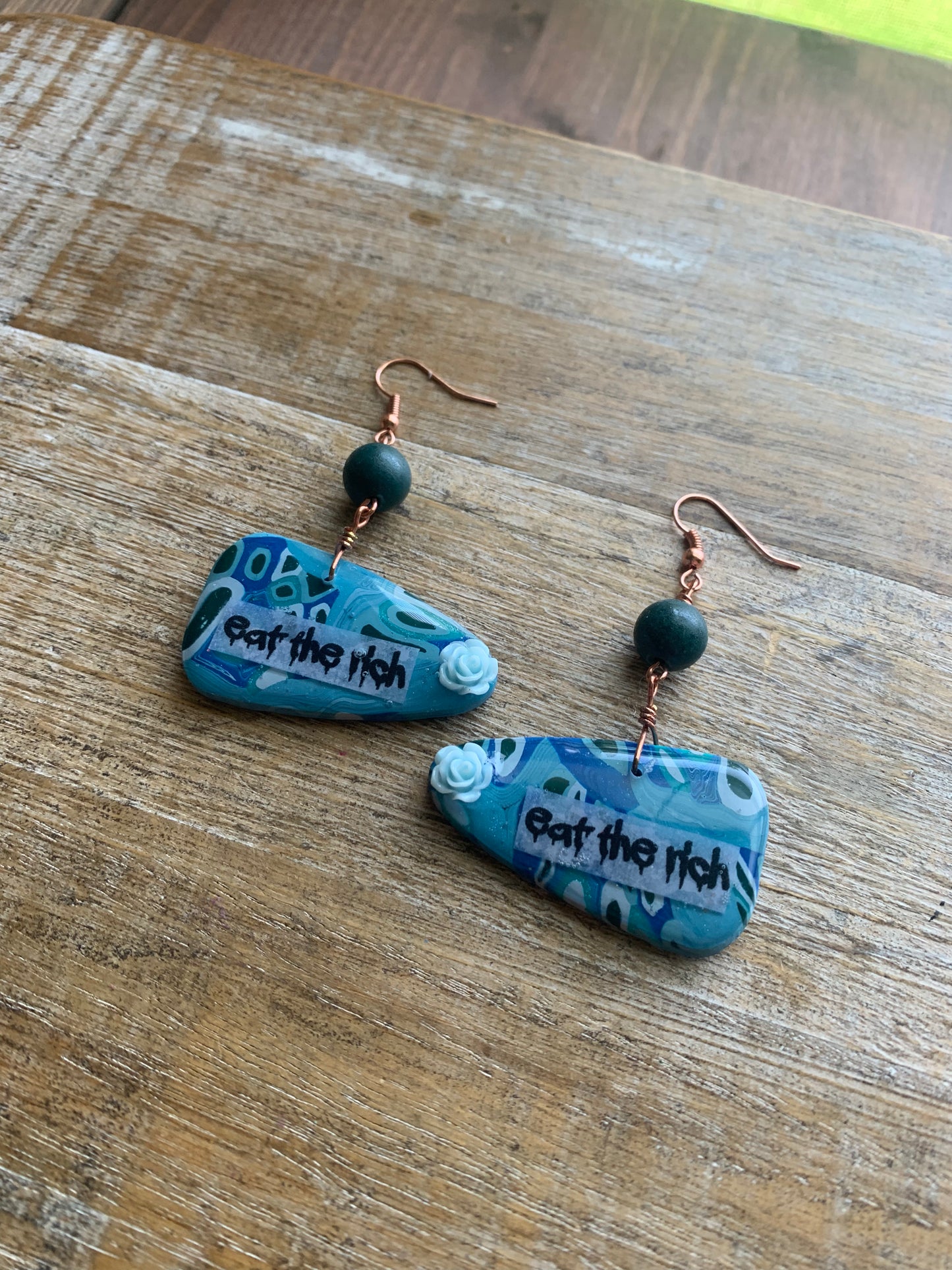 Eat The Rich Blue Rose Art Deco Polymer Clay Earrings