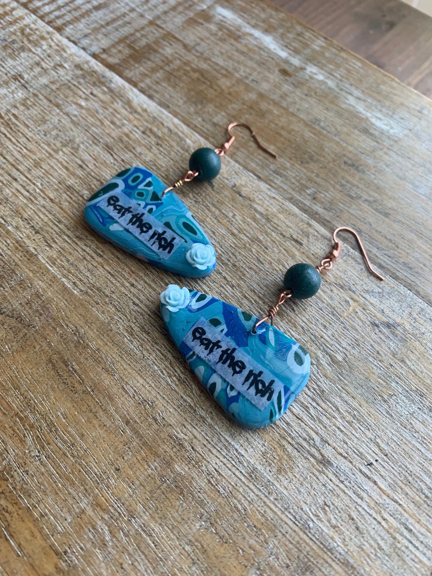 Eat The Rich Blue Rose Art Deco Polymer Clay Earrings