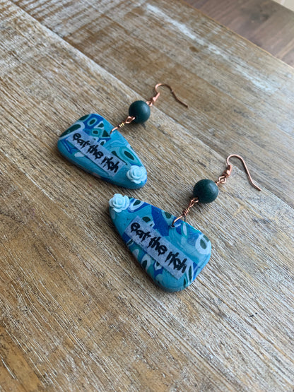 Eat The Rich Blue Rose Art Deco Polymer Clay Earrings