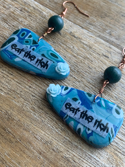 Eat The Rich Blue Rose Art Deco Polymer Clay Earrings