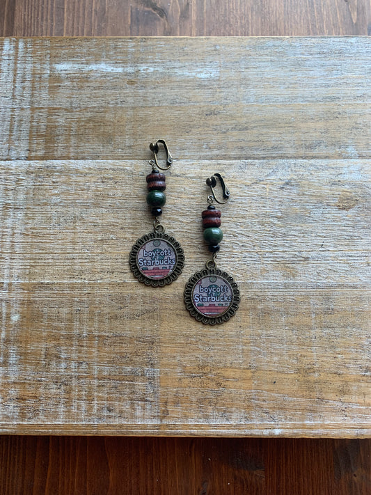 Boycott Starbucks Coffee Bronze Tone Earthy Clip On Earrings Gauges Protest Earrings