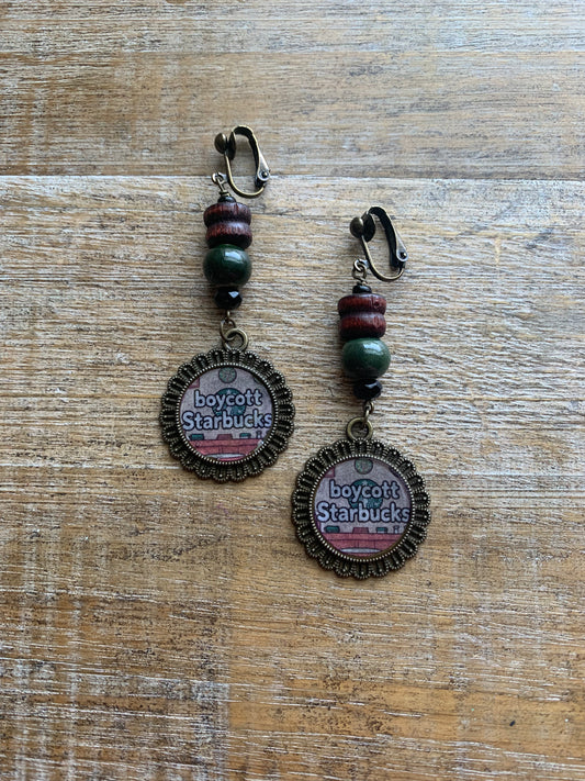 Boycott Starbucks Coffee Bronze Tone Earthy Clip On Earrings Gauges Protest Earrings