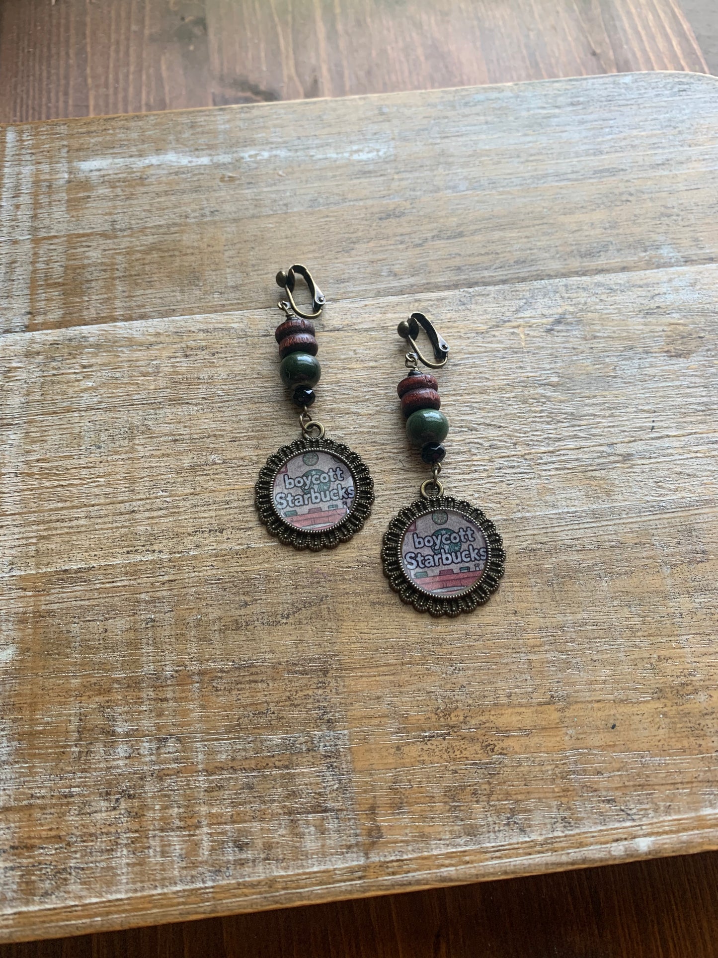 Boycott Starbucks Coffee Bronze Tone Earthy Clip On Earrings Gauges Protest Earrings