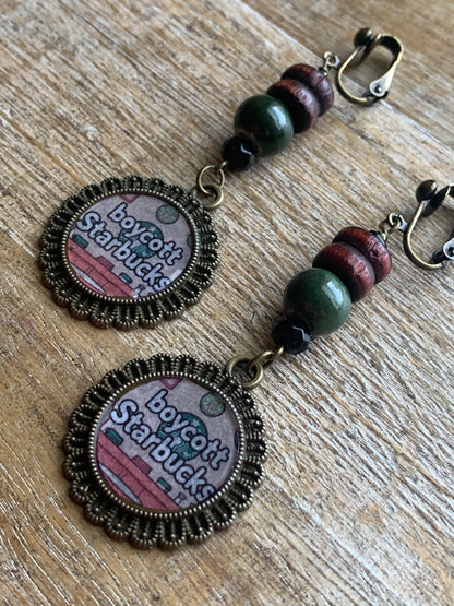 Boycott Starbucks Coffee Bronze Tone Earthy Clip On Earrings Gauges Protest Earrings