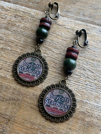 Boycott Starbucks Coffee Bronze Tone Earthy Clip On Earrings Gauges Protest Earrings