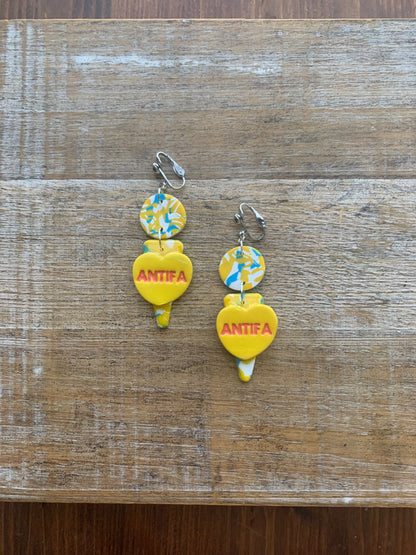 Antifa Heart Yellow Clip On Earrings Clay Tunnel Gauge Anti Fascist Earrings
