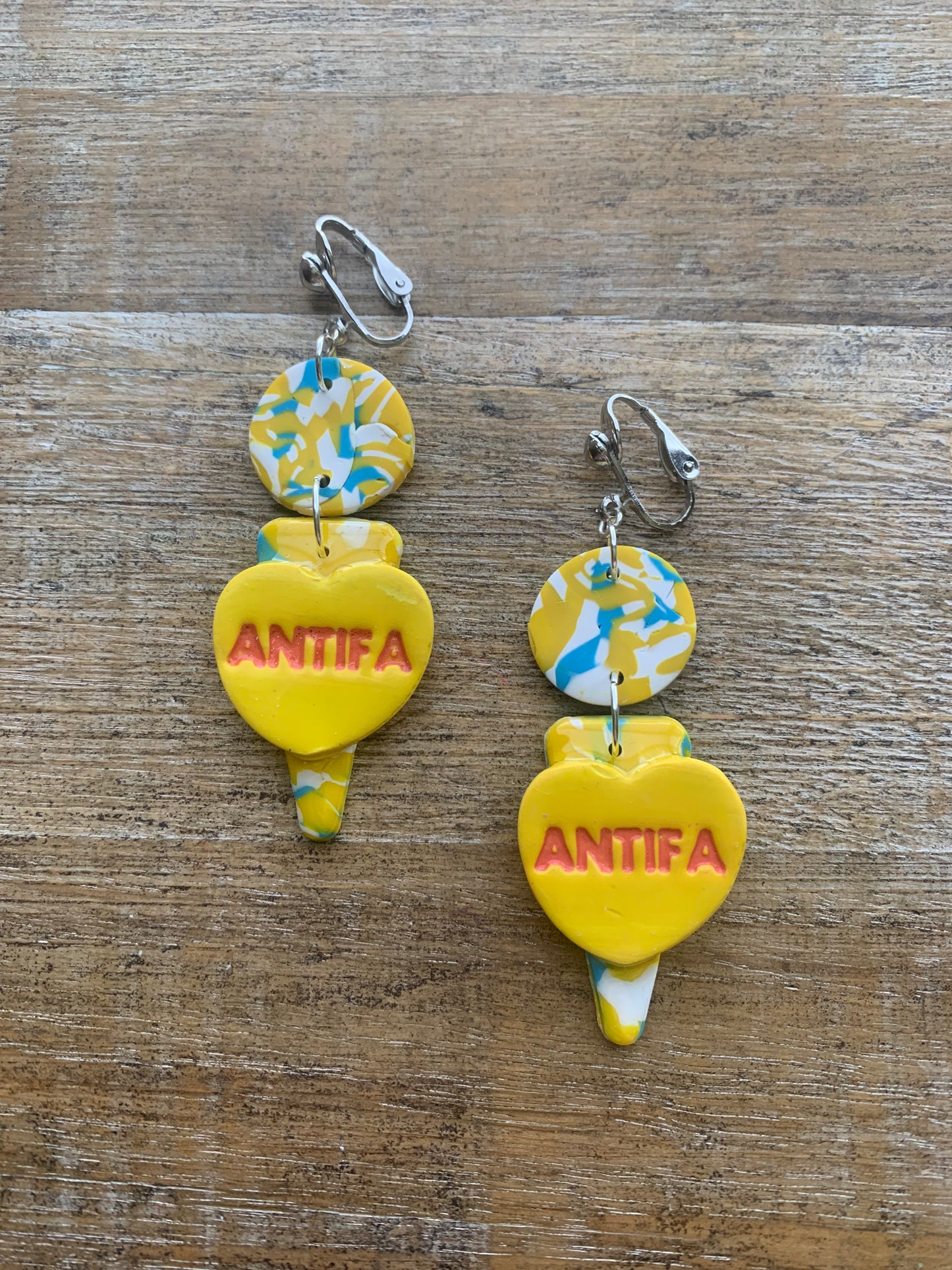 Antifa Heart Yellow Clip On Earrings Clay Tunnel Gauge Anti Fascist Earrings