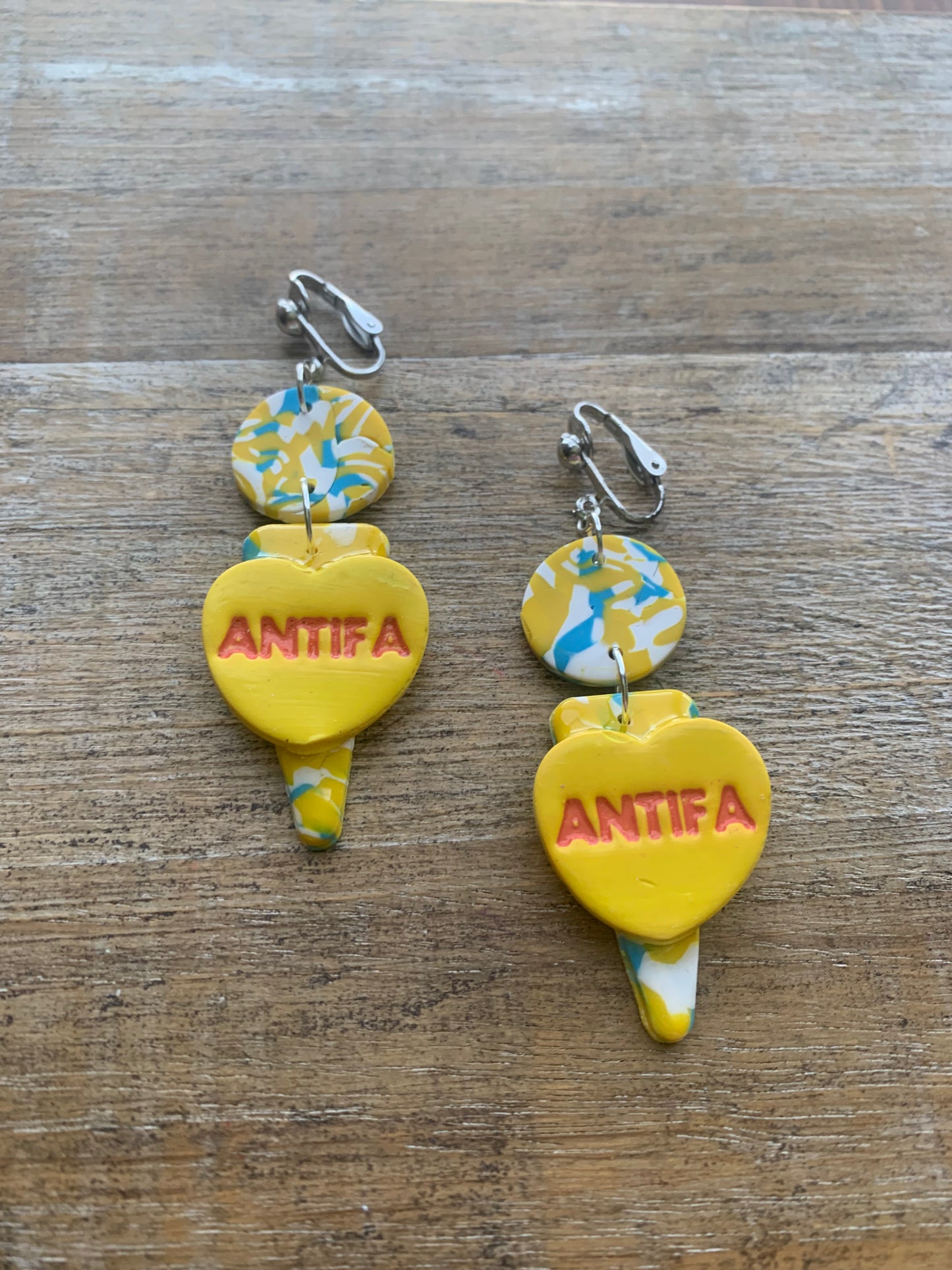 Antifa Heart Yellow Clip On Earrings Clay Tunnel Gauge Anti Fascist Earrings