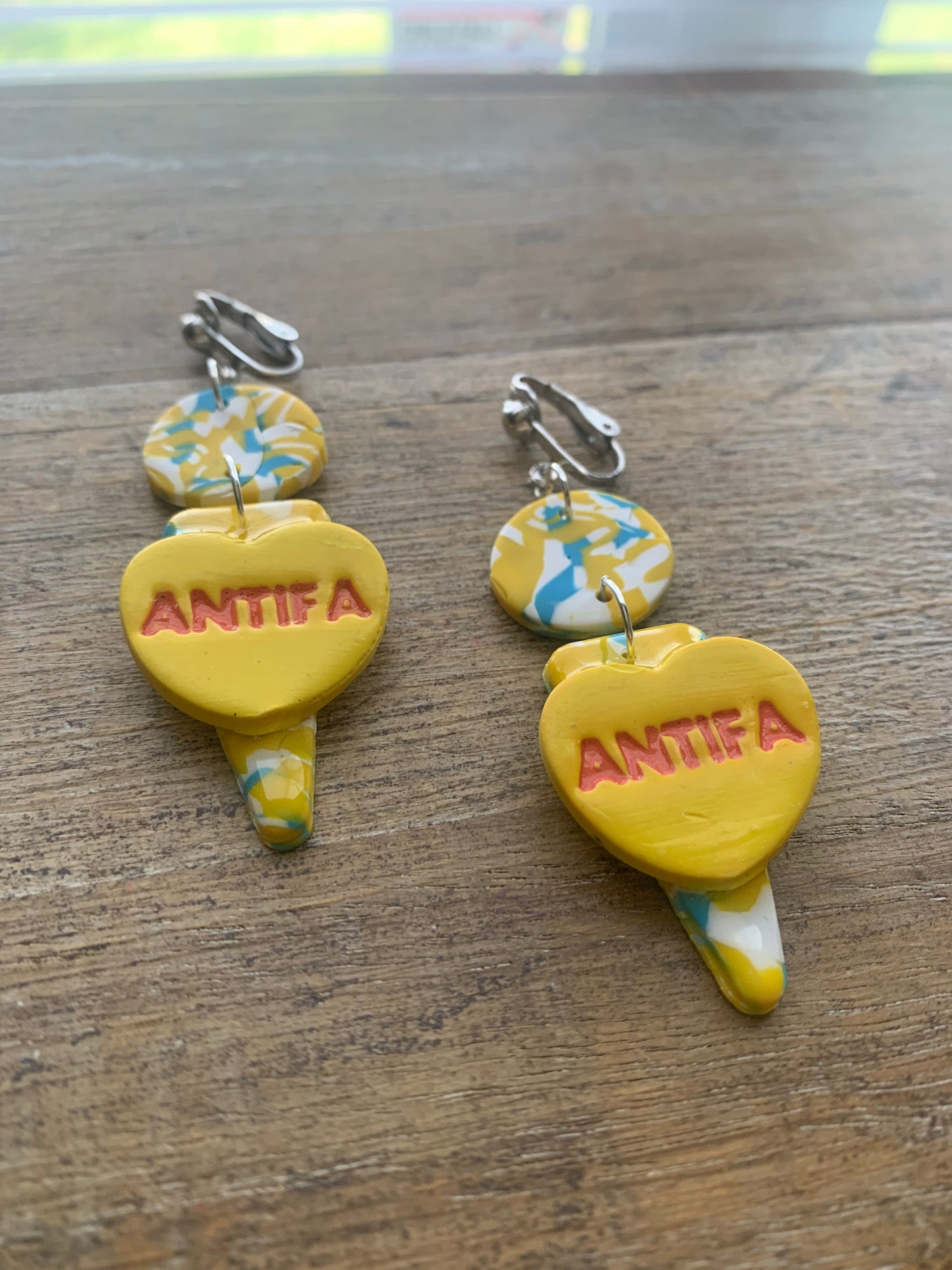 Antifa Heart Yellow Clip On Earrings Clay Tunnel Gauge Anti Fascist Earrings