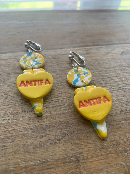 Antifa Heart Yellow Clip On Earrings Clay Tunnel Gauge Anti Fascist Earrings