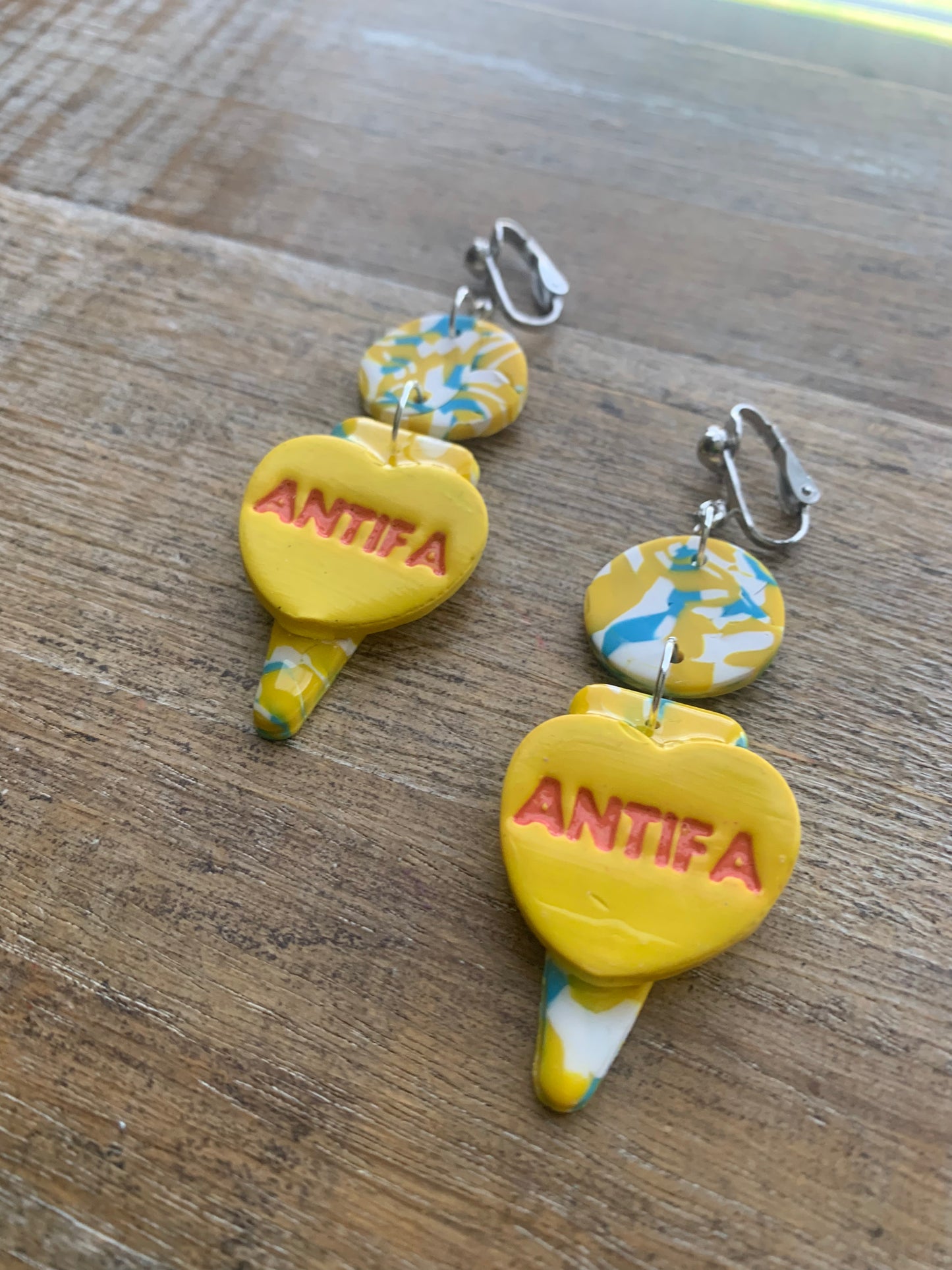 Antifa Heart Yellow Clip On Earrings Clay Tunnel Gauge Anti Fascist Earrings