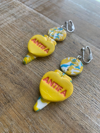 Antifa Heart Yellow Clip On Earrings Clay Tunnel Gauge Anti Fascist Earrings