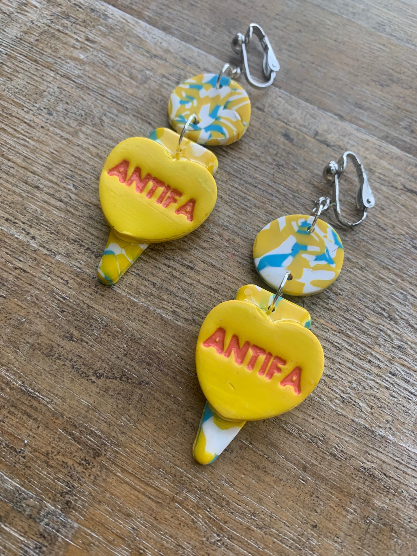 Antifa Heart Yellow Clip On Earrings Clay Tunnel Gauge Anti Fascist Earrings