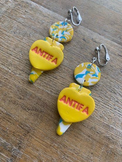 Antifa Heart Yellow Clip On Earrings Clay Tunnel Gauge Anti Fascist Earrings