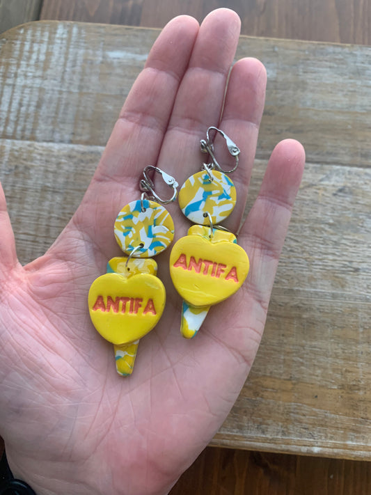 Antifa Heart Yellow Clip On Earrings Clay Tunnel Gauge Anti Fascist Earrings